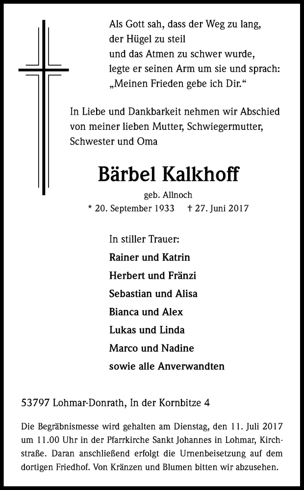  Traueranzeige für Bärbel Kalkhoff vom 05.07.2017 aus Kölner Stadt-Anzeiger / Kölnische Rundschau / Express