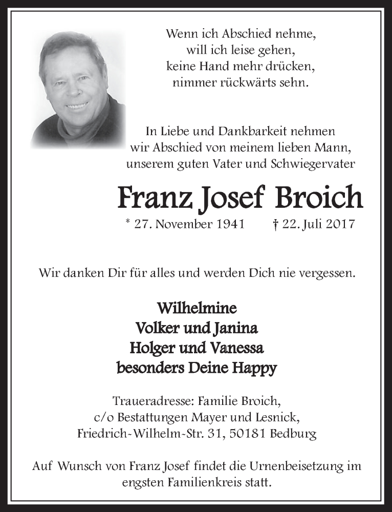  Traueranzeige für Franz Josef Broich vom 26.07.2017 aus  Werbepost 