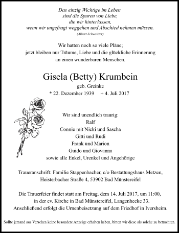 Anzeige von Gisela Krumbein von  Blickpunkt Euskirchen 