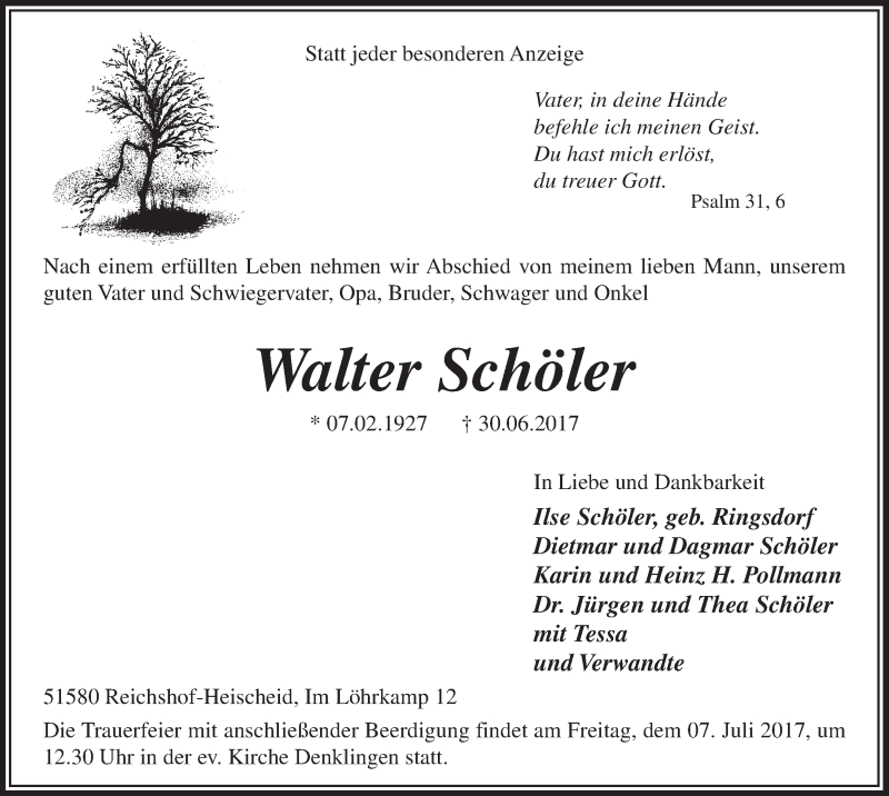  Traueranzeige für Walter Schöler vom 05.07.2017 aus  Anzeigen Echo 