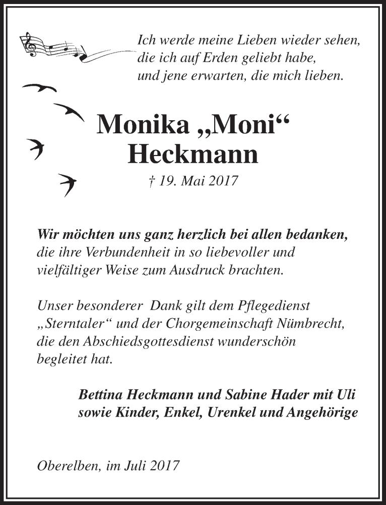 Traueranzeige für Monika Heckmann vom 12.07.2017 aus  Lokalanzeiger 