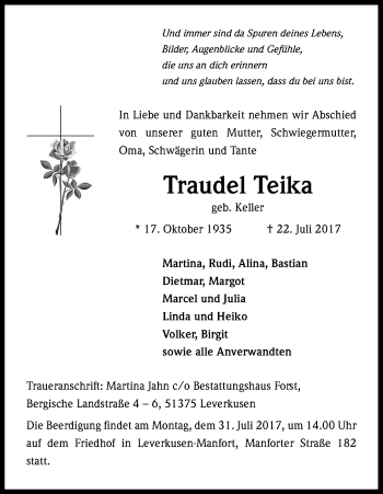 Anzeige von Traudel Teika von Kölner Stadt-Anzeiger / Kölnische Rundschau / Express