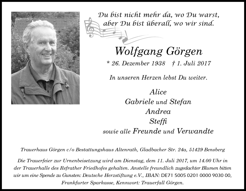  Traueranzeige für Wolfgang Görgen vom 06.07.2017 aus Kölner Stadt-Anzeiger / Kölnische Rundschau / Express