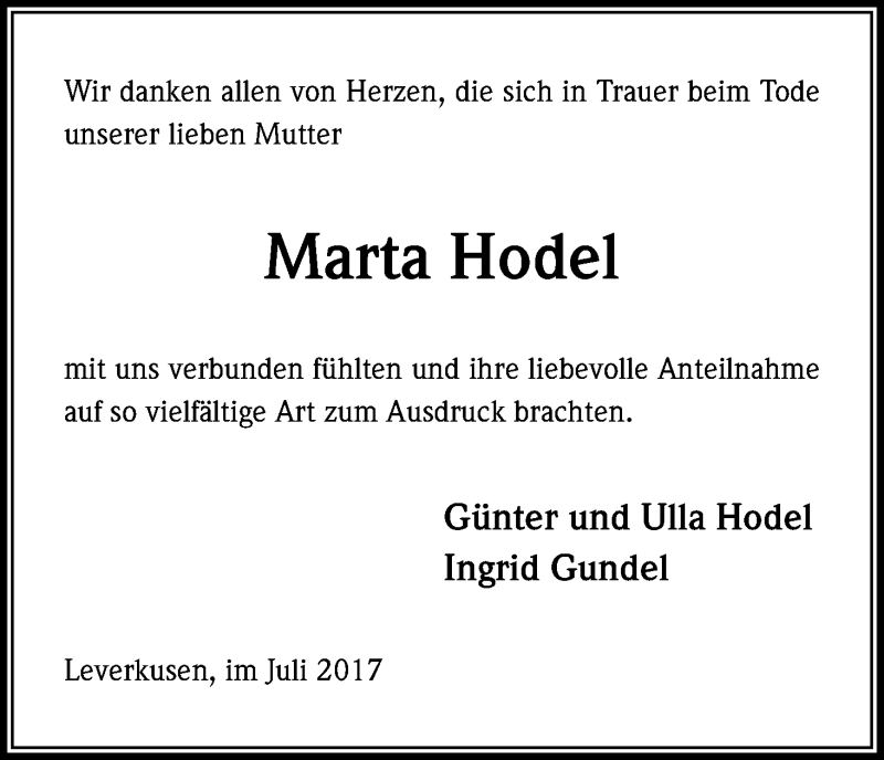  Traueranzeige für Marta Hodel vom 15.07.2017 aus Kölner Stadt-Anzeiger / Kölnische Rundschau / Express