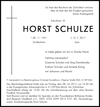 Anzeige von Horst Schulze von Kölner Stadt-Anzeiger / Kölnische Rundschau / Express