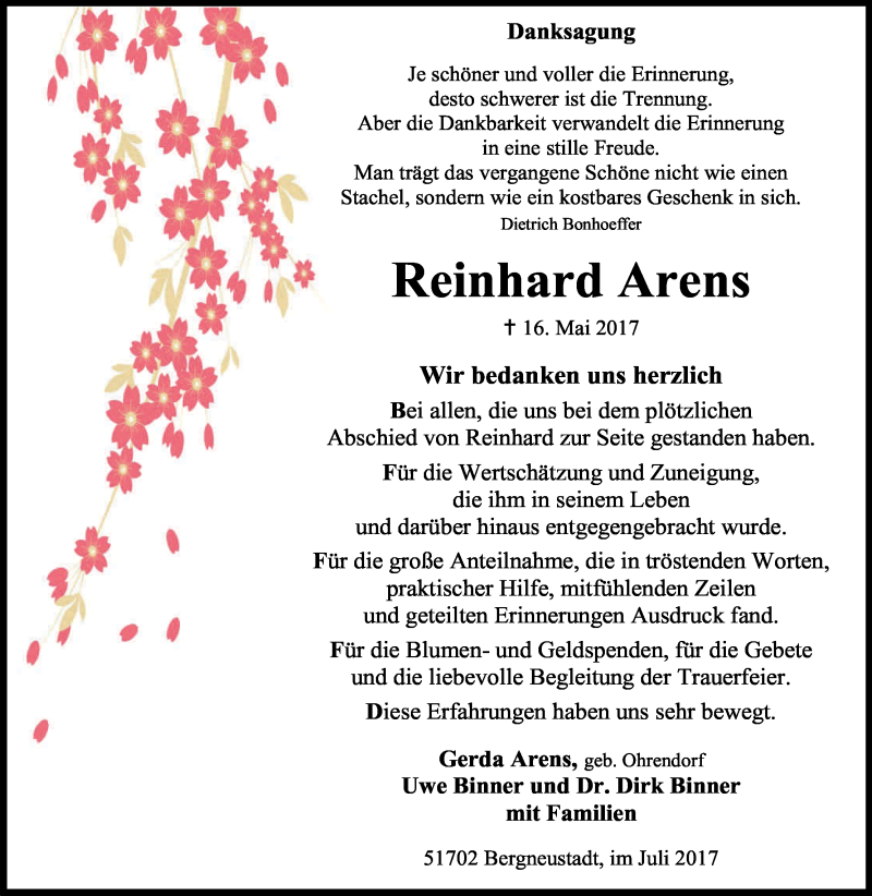  Traueranzeige für Reinhard Arens vom 08.07.2017 aus Kölner Stadt-Anzeiger / Kölnische Rundschau / Express
