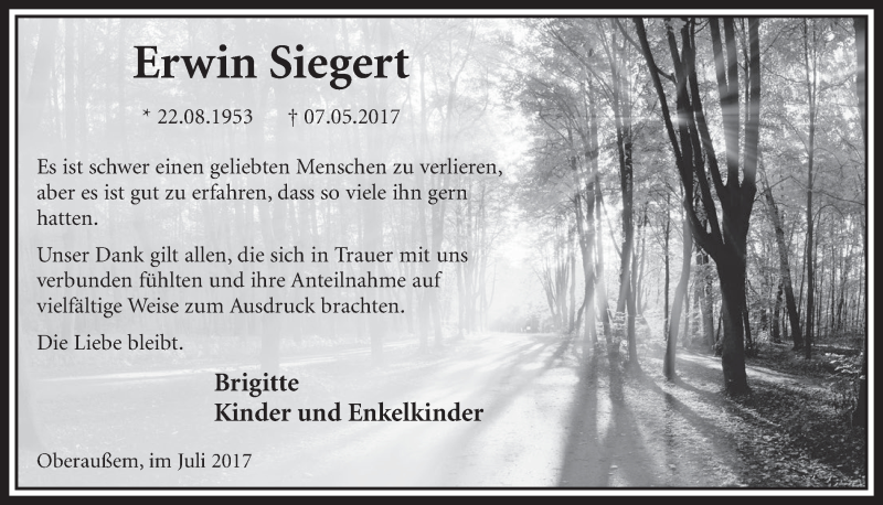  Traueranzeige für Erwin Siegert vom 15.07.2017 aus  Sonntags-Post 