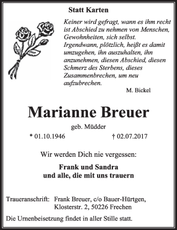 Anzeige von Marianne Breuer von  Sonntags-Post 