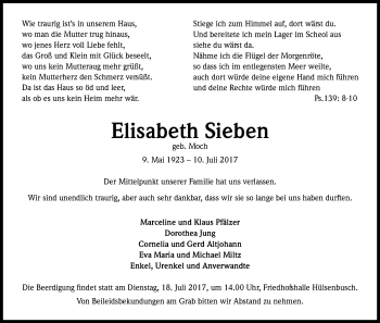 Anzeige von Elisabeth Sieben von Kölner Stadt-Anzeiger / Kölnische Rundschau / Express