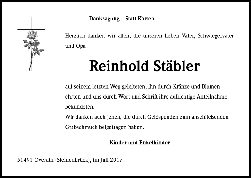  Traueranzeige für Reinhold Stäbler vom 15.07.2017 aus Kölner Stadt-Anzeiger / Kölnische Rundschau / Express