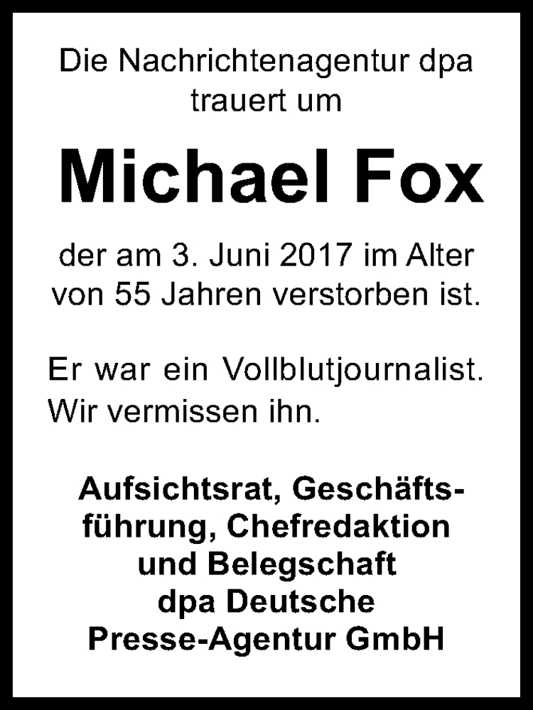  Traueranzeige für Michael Fox vom 08.07.2017 aus Kölner Stadt-Anzeiger / Kölnische Rundschau / Express
