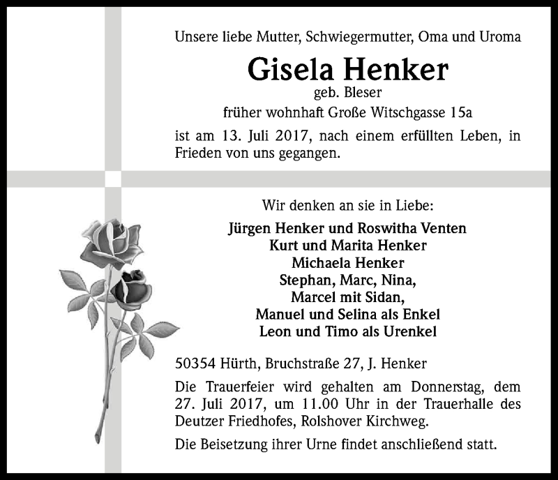  Traueranzeige für Gisela Henker vom 21.07.2017 aus Kölner Stadt-Anzeiger / Kölnische Rundschau / Express