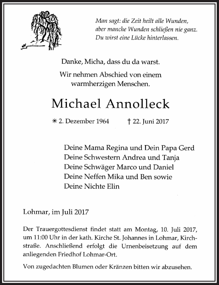  Traueranzeige für Michael Annolleck vom 05.07.2017 aus  Extra Blatt 