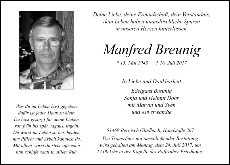  Traueranzeige für Manfred Breunig vom 22.07.2017 aus  Bergisches Sonntagsblatt 