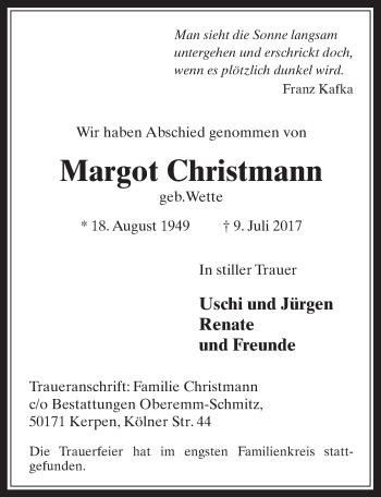 Anzeige von Margot Christmann von  Werbepost 