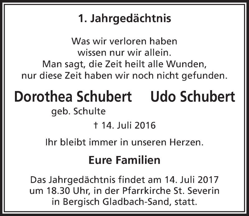  Traueranzeige für Dorothea und Udo Schubert vom 12.07.2017 aus  Bergisches Handelsblatt 