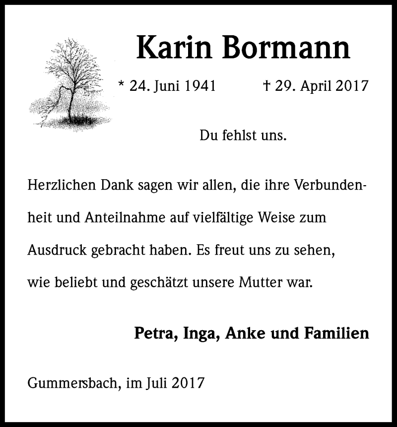  Traueranzeige für Karin Bormann vom 03.07.2017 aus Kölner Stadt-Anzeiger / Kölnische Rundschau / Express