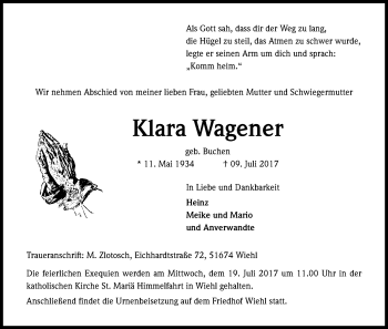 Anzeige von Klara Wagener von Kölner Stadt-Anzeiger / Kölnische Rundschau / Express