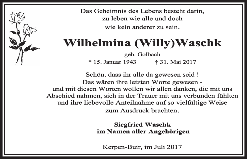  Traueranzeige für Wilhelmina Waschk vom 15.07.2017 aus  Sonntags-Post 