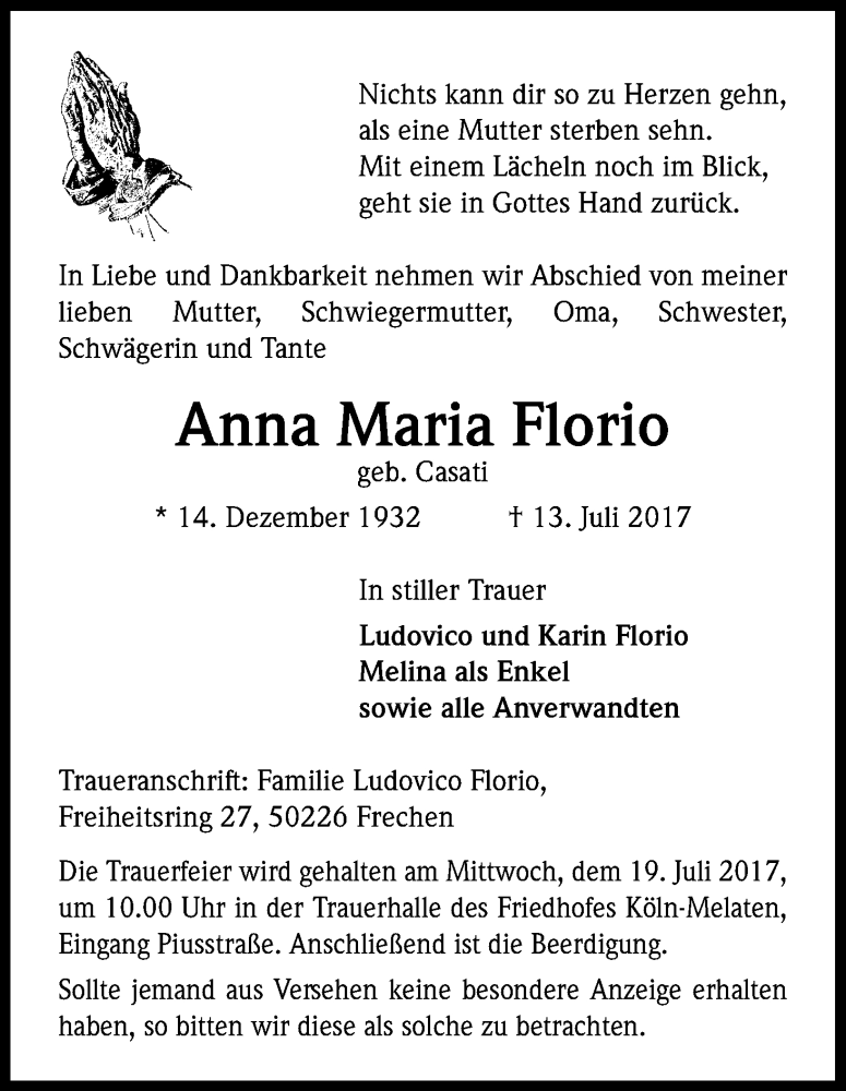  Traueranzeige für Anna Maria Florio vom 15.07.2017 aus Kölner Stadt-Anzeiger / Kölnische Rundschau / Express