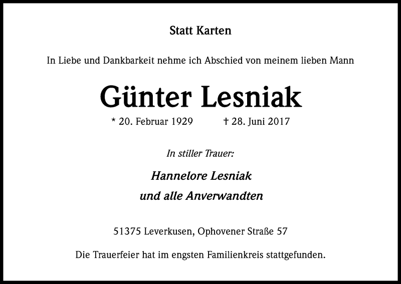  Traueranzeige für Günter Lesniak vom 11.07.2017 aus Kölner Stadt-Anzeiger / Kölnische Rundschau / Express