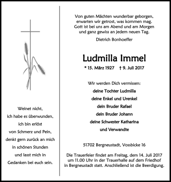 Anzeige von Ludmilla Immel von Kölner Stadt-Anzeiger / Kölnische Rundschau / Express