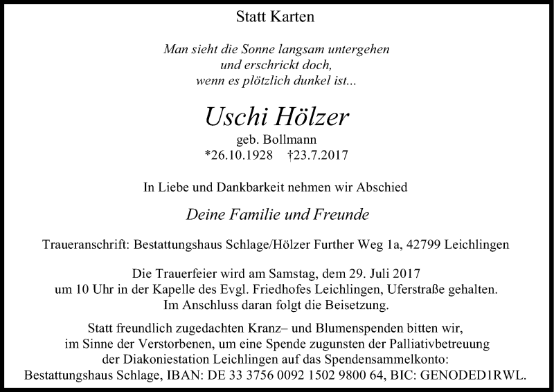  Traueranzeige für Uschi Hölzer vom 26.07.2017 aus Kölner Stadt-Anzeiger / Kölnische Rundschau / Express