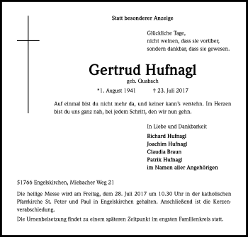 Anzeige von Gertrud Hufnagel von Kölner Stadt-Anzeiger / Kölnische Rundschau / Express