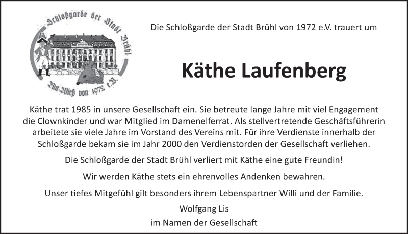  Traueranzeige für Käthe Laufenberg vom 05.07.2017 aus  Schlossbote/Werbekurier 