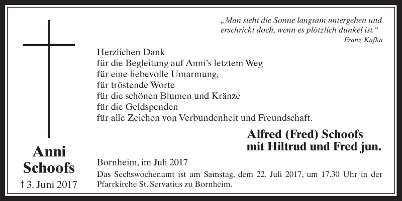  Traueranzeige für Anni Schoofs vom 12.07.2017 aus  Schaufenster/Blickpunkt 
