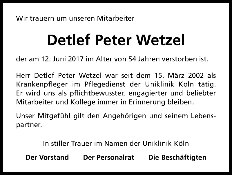  Traueranzeige für Detlef Peter Wetzel vom 15.07.2017 aus Kölner Stadt-Anzeiger / Kölnische Rundschau / Express