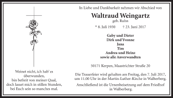Anzeige von Waltraud Weingartz von  Werbepost 