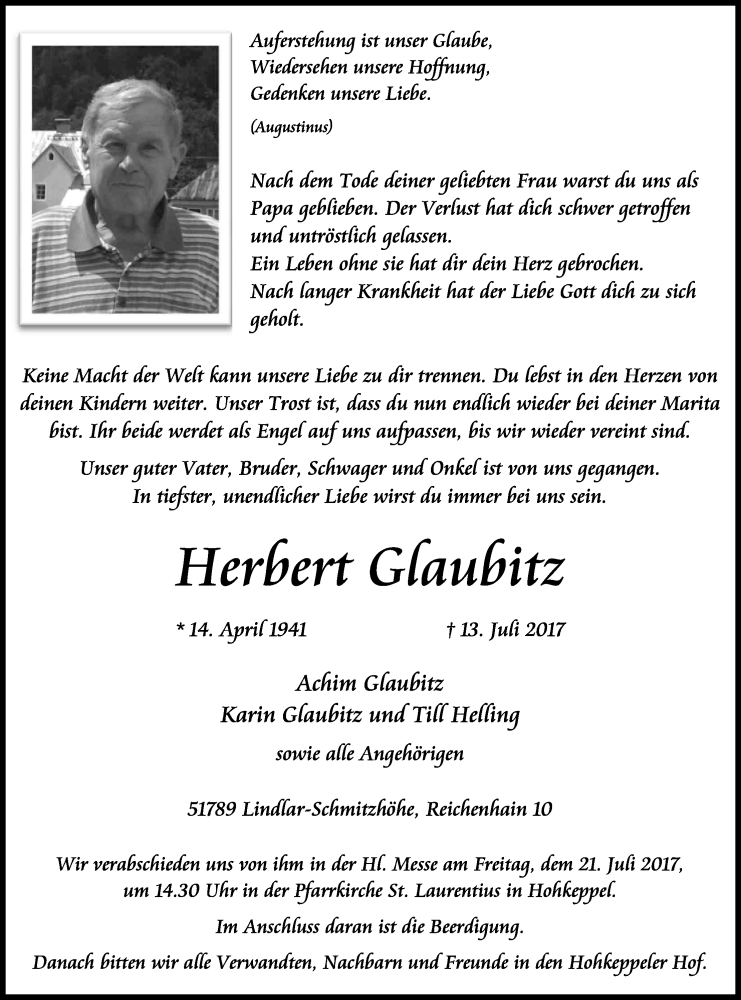  Traueranzeige für Herbert Glaubitz vom 18.07.2017 aus Kölner Stadt-Anzeiger / Kölnische Rundschau / Express