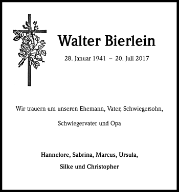 Anzeige von Walter Bierlein von Kölner Stadt-Anzeiger / Kölnische Rundschau / Express
