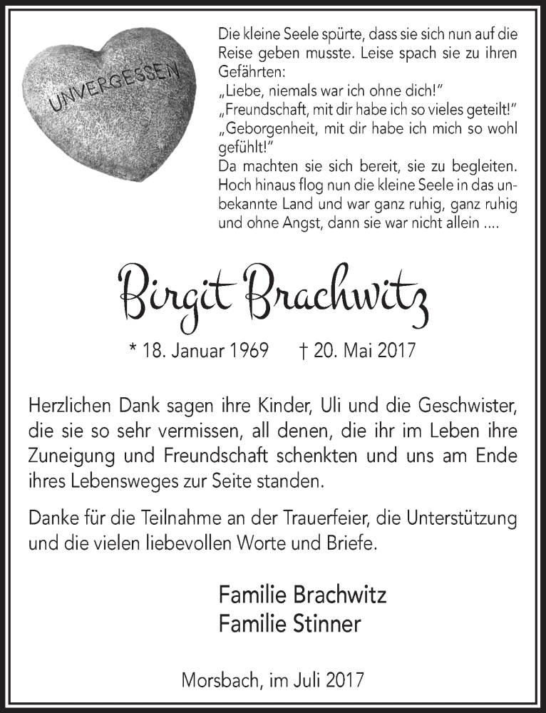  Traueranzeige für Birgit Brachwitz vom 05.07.2017 aus  Anzeigen Echo  Lokalanzeiger 