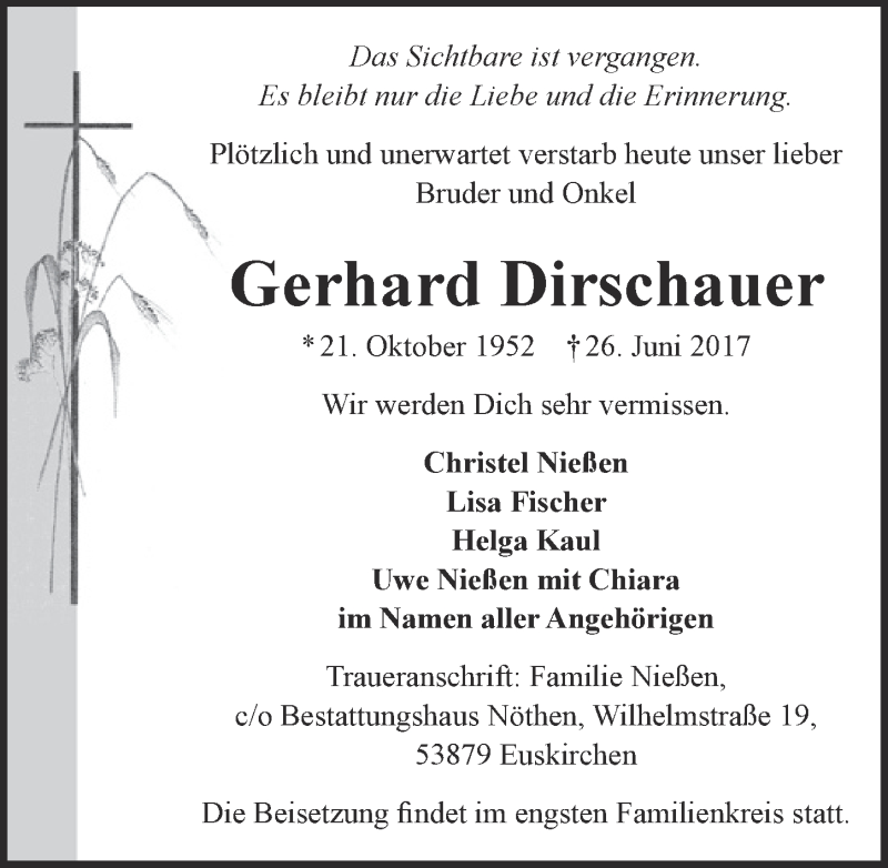  Traueranzeige für Gerhard Dirschauer vom 08.07.2017 aus  Blickpunkt Euskirchen 