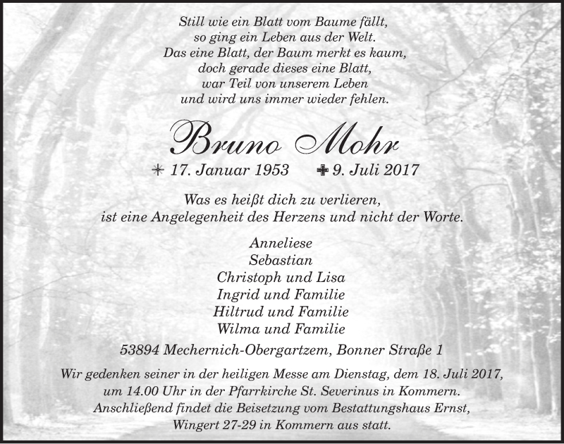  Traueranzeige für Bruno Mohr vom 15.07.2017 aus  Blickpunkt Euskirchen 