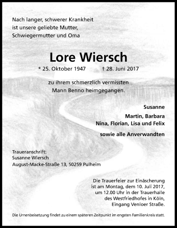 Anzeige von Lore Wiersch von Kölner Stadt-Anzeiger / Kölnische Rundschau / Express