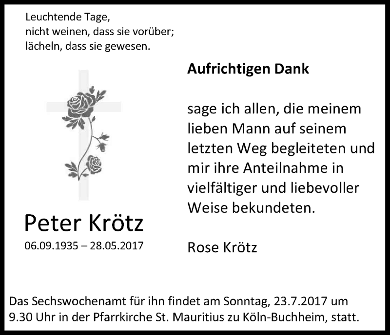  Traueranzeige für Peter Krötz vom 08.07.2017 aus Kölner Stadt-Anzeiger / Kölnische Rundschau / Express