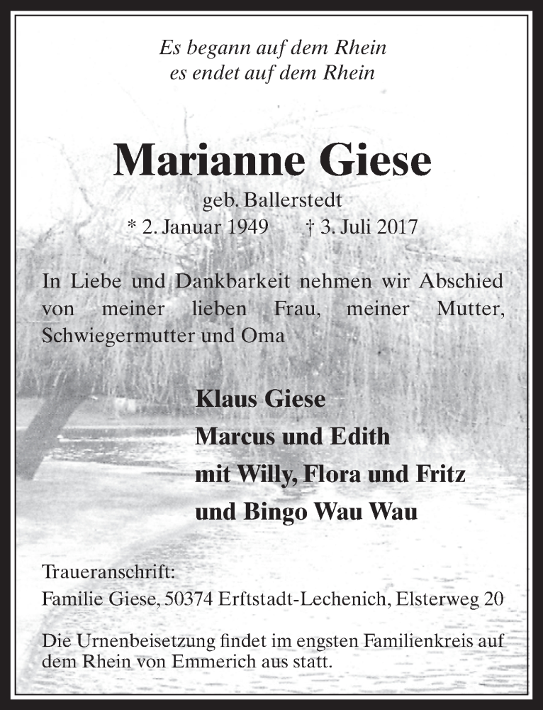  Traueranzeige für Marianne Giese vom 19.07.2017 aus  Werbepost 