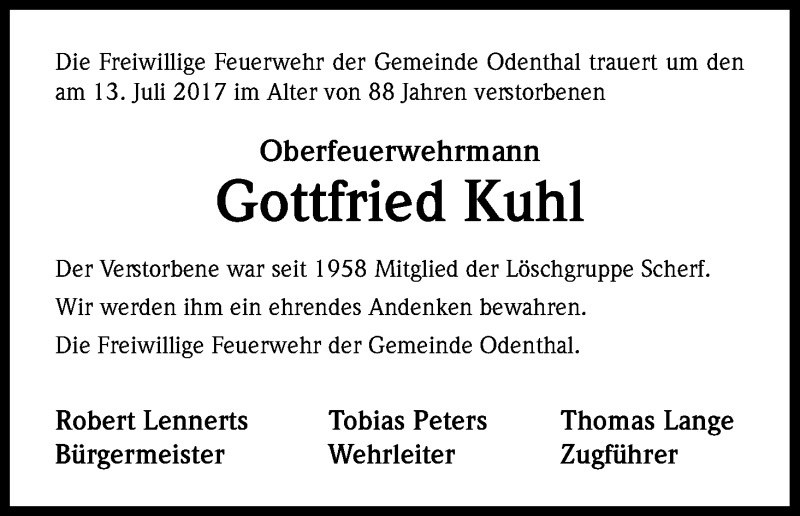  Traueranzeige für Gottfried Kuhl vom 21.07.2017 aus Kölner Stadt-Anzeiger / Kölnische Rundschau / Express