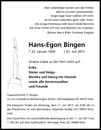 Anzeige von Hans-Egon Bingen von Kölner Stadt-Anzeiger / Kölnische Rundschau / Express