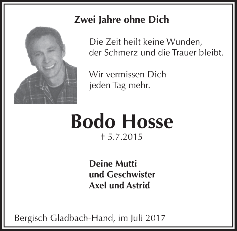  Traueranzeige für Bodo Hosse vom 05.07.2017 aus  Bergisches Handelsblatt 