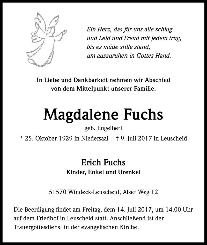  Traueranzeige für Magdalene Fuchs vom 12.07.2017 aus Kölner Stadt-Anzeiger / Kölnische Rundschau / Express