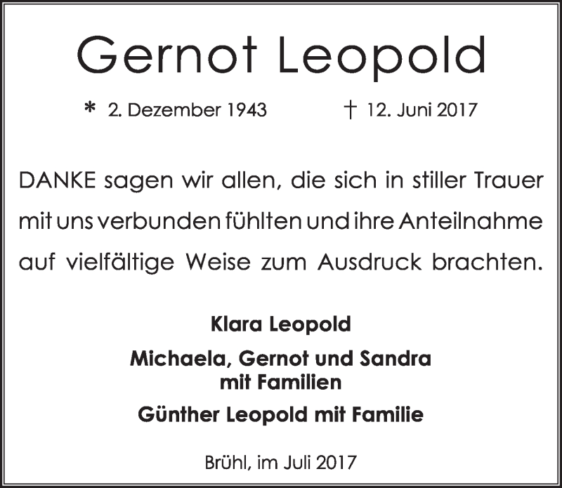  Traueranzeige für Gernot Leopold vom 12.07.2017 aus  Schlossbote/Werbekurier 
