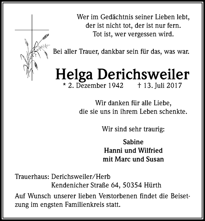  Traueranzeige für Helga Derichsweiler vom 22.07.2017 aus Kölner Stadt-Anzeiger / Kölnische Rundschau / Express