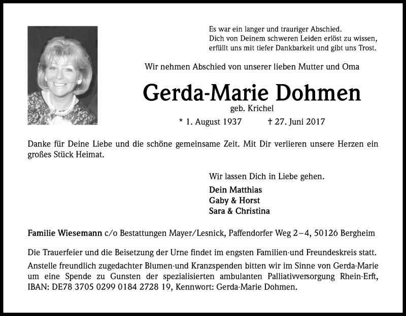  Traueranzeige für Gerda-Marie Dohmen vom 03.07.2017 aus Kölner Stadt-Anzeiger / Kölnische Rundschau / Express