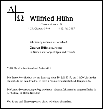 Anzeige von Wilfried Hühn von Kölner Stadt-Anzeiger / Kölnische Rundschau / Express