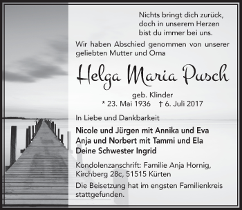 Anzeige von Helga Maria Pusch von  Bergisches Sonntagsblatt 