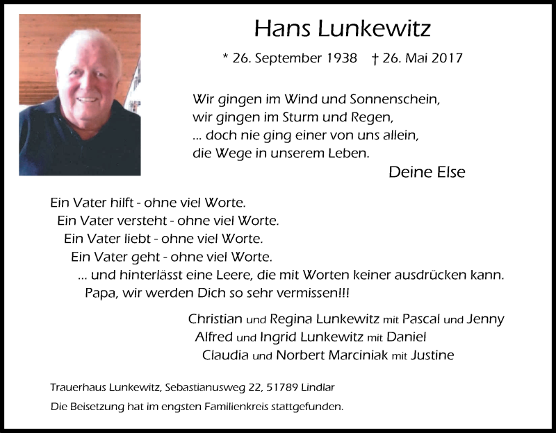  Traueranzeige für Hans Lunkewitz vom 06.07.2017 aus Kölner Stadt-Anzeiger / Kölnische Rundschau / Express